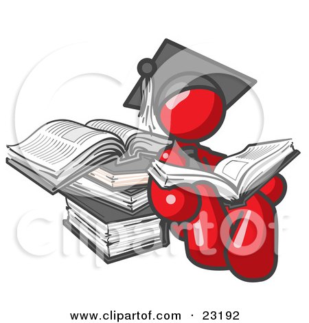 Clipart Illustration of a Red Male Student in a Graduation Cap, Reading a Book and Leaning Against a Stack of Books by Leo Blanchette