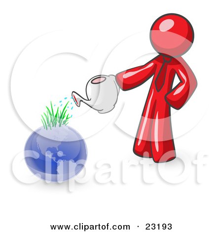 Clipart Illustration of a Red Man Using A Watering Can To Water New Grass Growing On Planet Earth, Symbolizing Someone Caring For The Environment by Leo Blanchette