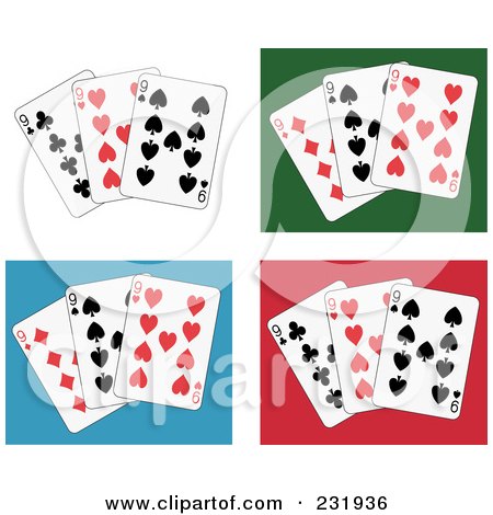 Royalty-Free (RF) Clipart Illustration of a Digital Collage Of Nine Playing Cards On White, Green, Blue And Red Backgrounds by Frisko