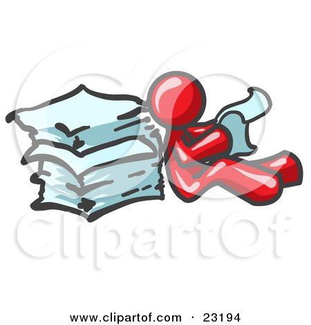 Clipart Illustration of a Red Man Leaning Against a Stack of Papers by Leo Blanchette