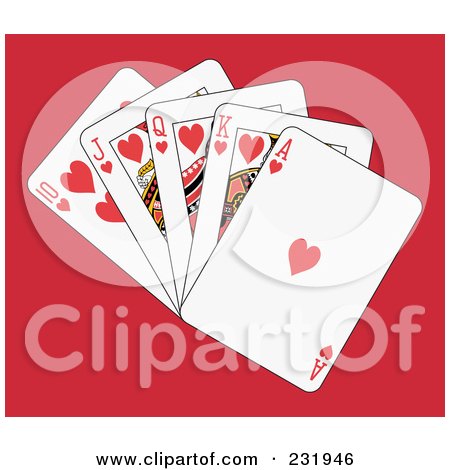 Royalty-Free (RF) Clipart Illustration of a Heart Royal Flush On Red by Frisko
