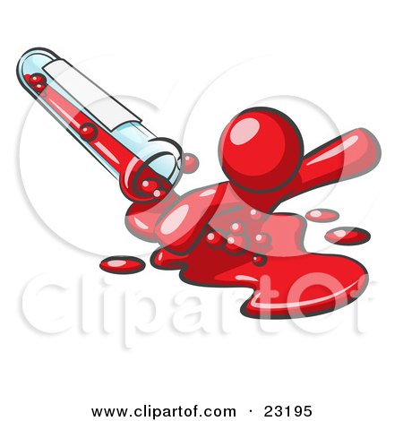 Clipart Illustration of a Red Man Emerging From Spilled Chemicals Pouring Out Of A Glass Test Tube In A Laboratory by Leo Blanchette