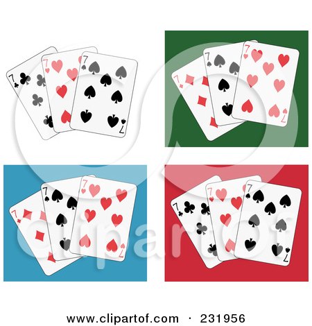 Royalty-Free (RF) Clipart Illustration of a Digital Collage Of Seven Playing Cards On White, Green, Blue And Red Backgrounds by Frisko