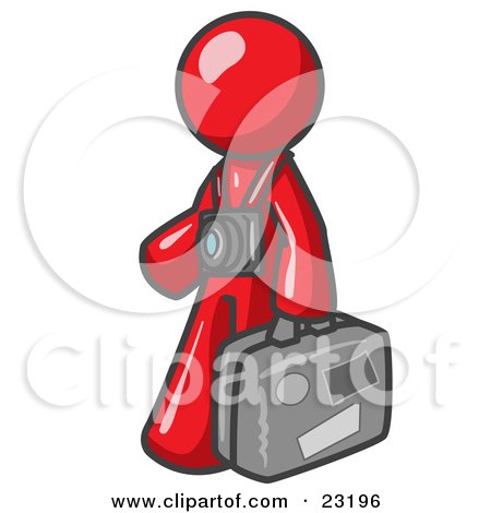 Clipart Illustration of a Red Male Tourist Carrying His Suitcase and Walking With a Camera Around His Neck by Leo Blanchette
