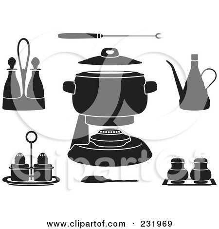 Royalty-Free (RF) Clip Art Illustration of a Digital Collage Of Black And White Fondue Items by Frisko