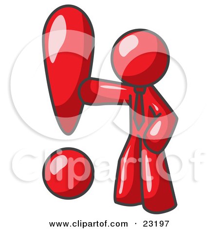 Clipart Illustration of a Red Businessman Standing by a Large Exclamation Point by Leo Blanchette