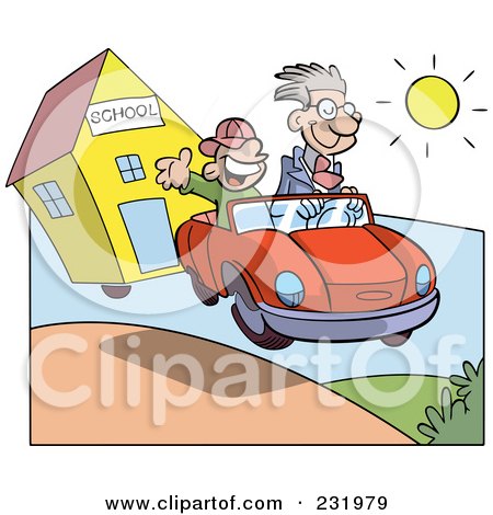 Royalty-Free (RF) Clipart Illustration of a Happy Boy In A Car With His Dad, Driving Away From School by Frisko