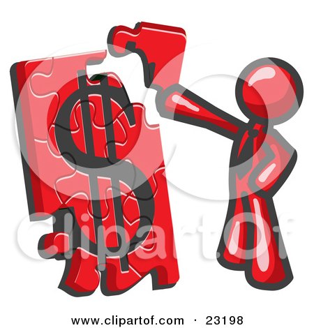 Clipart Illustration of a Red Businessman Putting a Dollar Sign Puzzle Together by Leo Blanchette