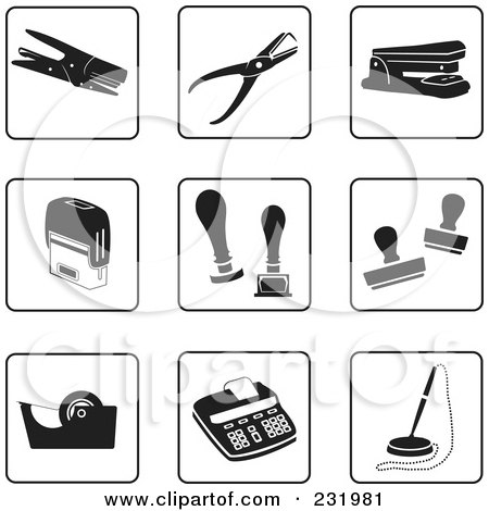 Royalty-Free (RF) Clipart Illustration of a Digital Collage Of Black And White Desk Item Icons by Frisko