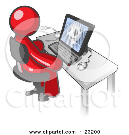 Clipart Illustration of a Red Doctor Man Sitting at a Computer and Viewing an Xray of a Head  by Leo Blanchette