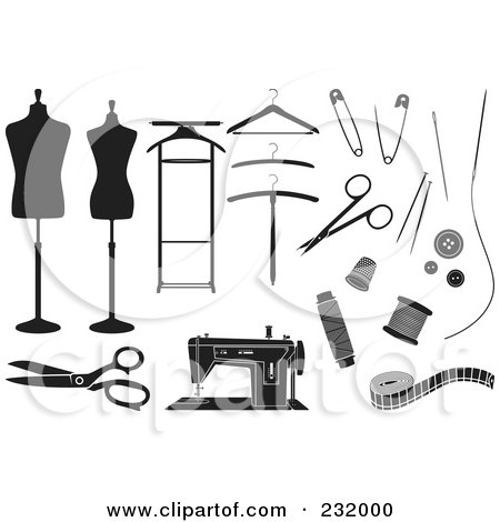 Royalty-Free (RF) Clipart Illustration of a Digital Collage Of Black And White Sewing Items by Frisko