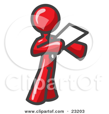 Clipart Illustration of a Red Businessman Holding a Piece of Paper During a Speech or Presentation by Leo Blanchette