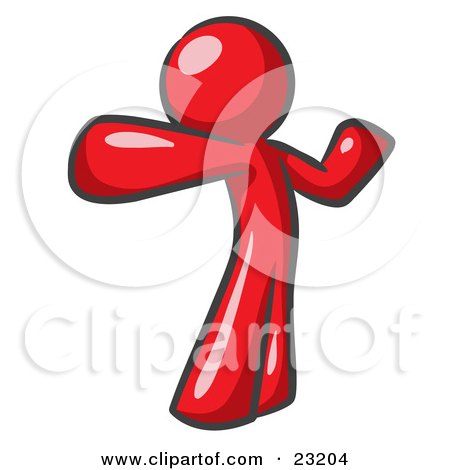 Clipart Illustration of a Red Man Stretching His Arms And Back Or Punching The Air by Leo Blanchette