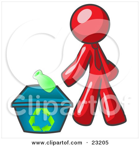 Clipart Illustration of a Red Man Tossing A Plastic Container Into A Recycle Bin, Symbolizing Someone Doing Their Part To Help The Environment And To Be Earth Friendly by Leo Blanchette
