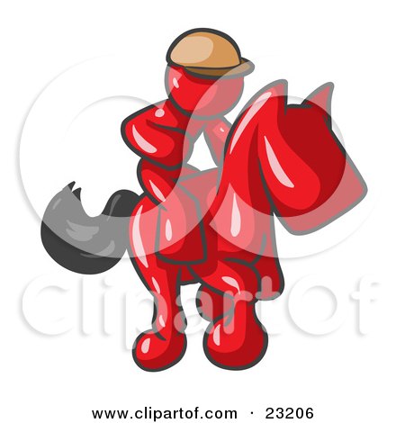 Clipart Illustration of a Red Man, A Jockey, Riding On A Race Horse And Racing In A Derby by Leo Blanchette
