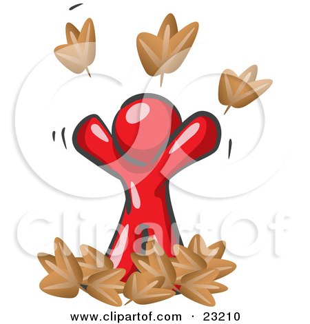 Clipart Illustration of a Carefree Red Man Tossing Up Autumn Leaves In The Air, Symbolizing Happiness And Freedom by Leo Blanchette