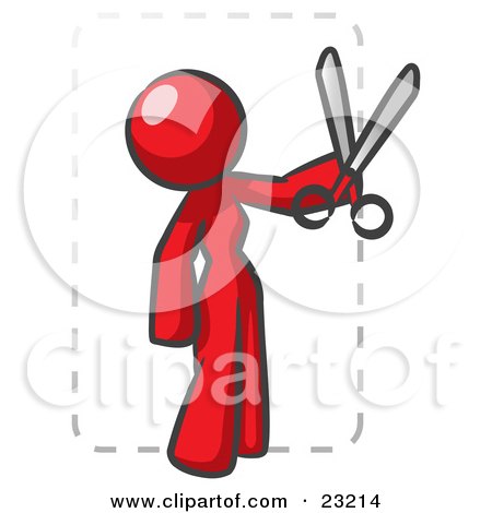 Clipart Illustration of a Red Lady Character Snipping Out A Coupon With A Pair Of Scissors Before Going Shopping by Leo Blanchette