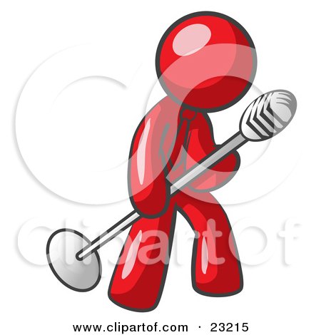 Clipart Illustration of a Red Man In A Tie, Singing Songs On Stage During A Concert Or At A Karaoke Bar While Tipping The Microphone by Leo Blanchette