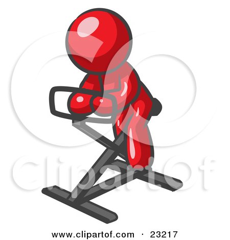Clipart Illustration of a Red Man Exercising On A Stationary Bicycle by Leo Blanchette