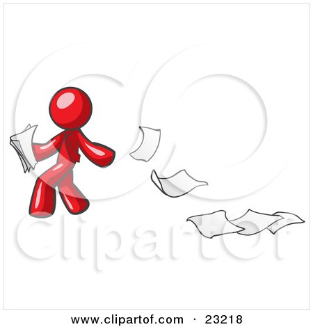 Clipart Illustration of a Red Man Dropping White Sheets Of Paper On A Ground And Leaving A Paper Trail, Symbolizing Waste by Leo Blanchette