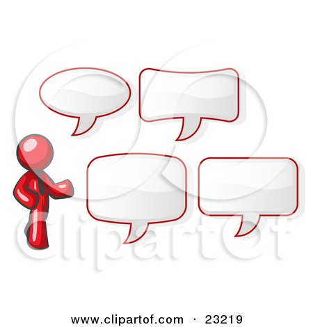 Clipart Illustration of a Red Businessman With Four Different Word Bubbles by Leo Blanchette