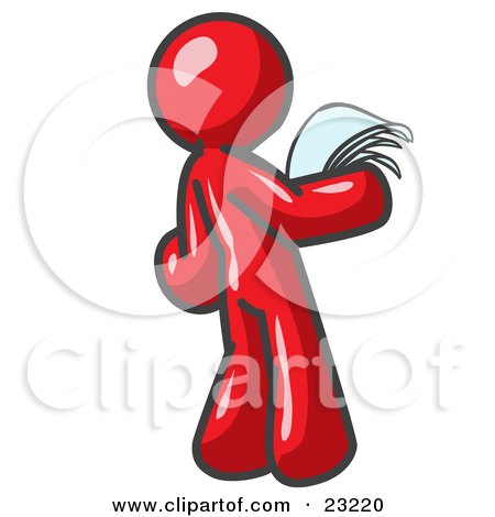 Clipart Illustration of a Serious Red Man Reading Papers and Documents by Leo Blanchette