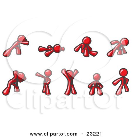 Clipart Illustration of a Red Man Doing Different Exercises and Stretches in a Fitness Gym  by Leo Blanchette