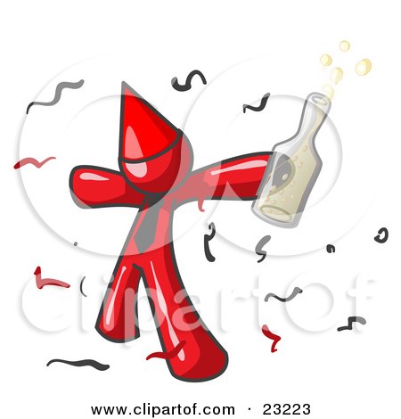 Clipart Illustration of a Happy Red Man Partying With a Party Hat, Confetti and a Bottle of Liquor by Leo Blanchette