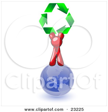Clipart Illustration of a Red Man Standing On Top Of The Blue Planet Earth And Holding Up Three Green Arrows Forming A Triangle And Moving In A Clockwise Motion, Symbolizing Renewable Energy And Recycling by Leo Blanchette