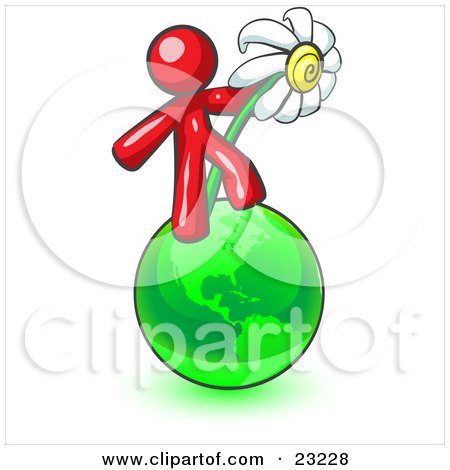 Clipart Illustration of a Red Man Standing On The Green Planet Earth And Holding A White Daisy, Symbolizing Organics And Going Green For A Healthy Environment by Leo Blanchette