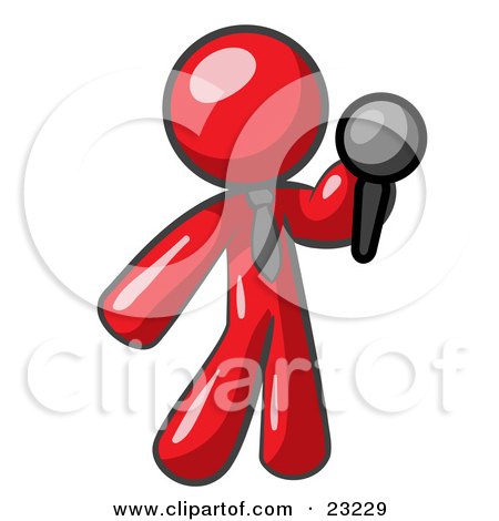 Clipart Illustration of a Red Man, A Comedian Or Vocalist, Wearing A Tie, Standing On Stage And Holding A Microphone While Singing Karaoke Or Telling Jokes by Leo Blanchette