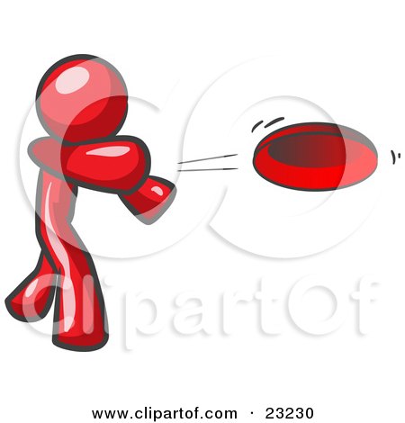 Clipart Illustration of a Red Man Tossing A Red Flying Disc Through The Air For Someone To Catch by Leo Blanchette
