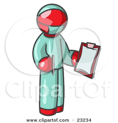 Clipart Illustration of a Red Surgeon Man in Green Scrubs, Holding a Pen and Clipboard by Leo Blanchette