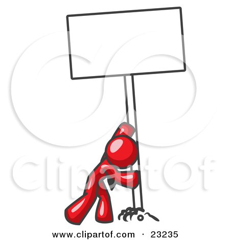Clipart Illustration of a Strong Red Man Pushing a Blank Sign Upright  by Leo Blanchette