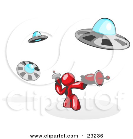 Clipart Illustration of a Red Man Fighting Off UFO's With Weapons by Leo Blanchette