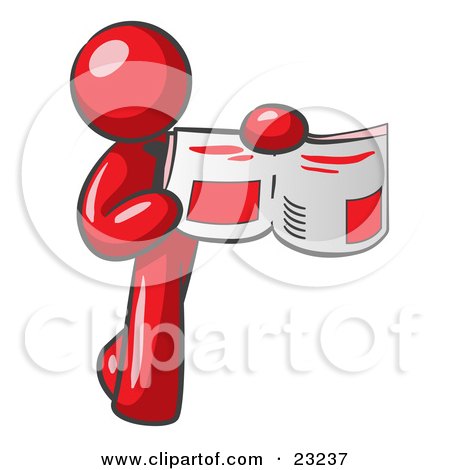 Clipart Illustration of a Red Man Holding Up A Newspaper And Pointing To An Article by Leo Blanchette