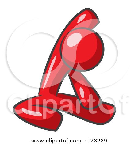 Clipart Illustration of a Red Man Sitting On A Gym Floor And Stretching His Arm Up And Behind His Head by Leo Blanchette