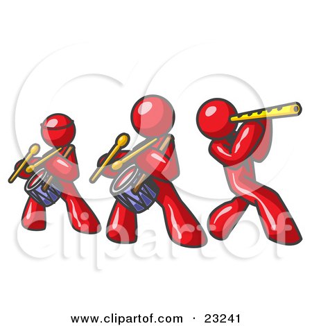 Clipart Illustration of Three Red Men Playing Flutes and Drums at a Music Concert by Leo Blanchette