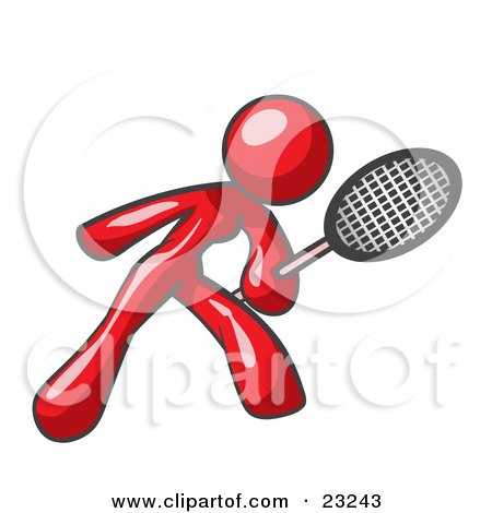 Clipart Illustration of a Red Woman Preparing To Hit A Tennis Ball With A Racquet by Leo Blanchette