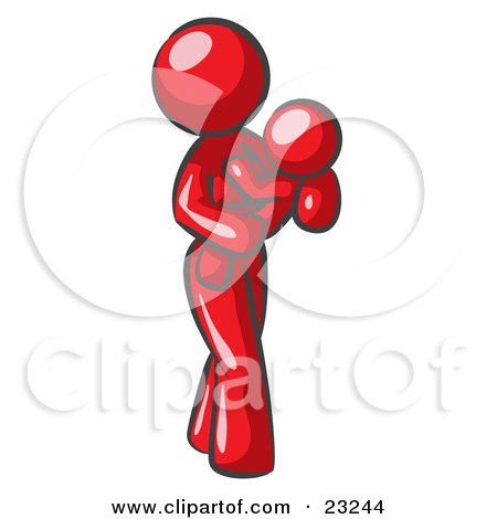 Clipart Illustration of a Red Woman Carrying Her Child In Her Arms, Symbolizing Motherhood And Parenting by Leo Blanchette