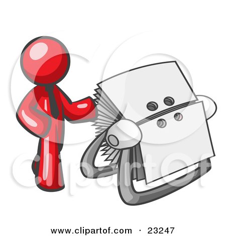 Clipart Illustration of a Red Businessman Standing Beside A Rotary Card File With Blank Index Cards by Leo Blanchette
