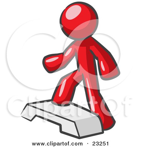 Clipart Illustration of a Red Man Doing Step Ups On An Aerobics Platform While Exercising by Leo Blanchette