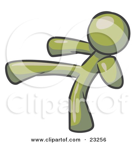 Clipart Illustration of an Olive Green Man Kicking, Perhaps While Kickboxing by Leo Blanchette