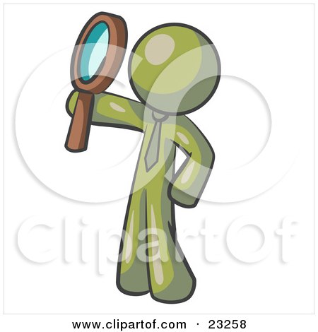 Clipart Illustration of an Olive Green Man Holding Up A Magnifying Glass And Peering Through It While Investigating Or Researching Something  by Leo Blanchette