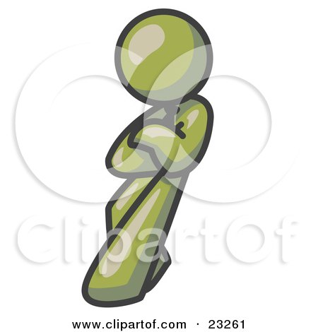 Clipart Illustration of an Olive Green Man With an Attitude, His Arms Crossed, Leaning Against a Wall by Leo Blanchette