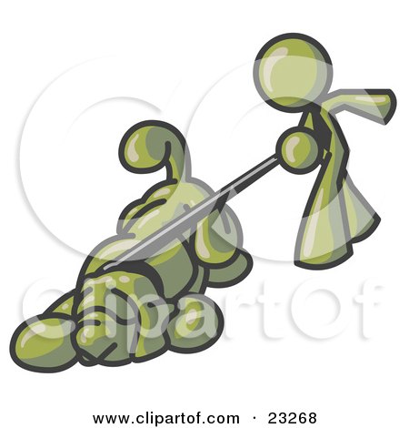 Clipart Illustration of an Olive Green Man Walking a Dog That is Pulling on a Leash by Leo Blanchette