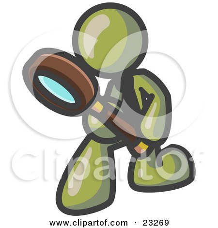 Clipart Illustration of an Olive Green Man Bending Over to Inspect Something Through a Magnifying Glass by Leo Blanchette