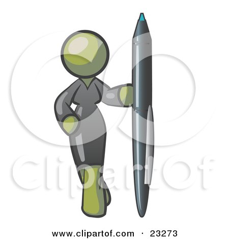 Clipart Illustration of an Olive Green Woman In A Gray Dress, Standing With One Hand On Her Hip, Holding A Huge Pen by Leo Blanchette
