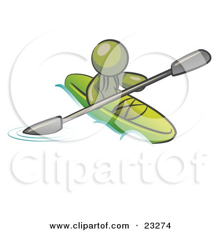 Clipart Illustration of an Olive Green Man Paddling Down A River In A Green Kayak by Leo Blanchette