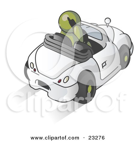 Clipart Illustration of an Olive Green Businessman Talking on a Cell Phone While Driving in a White Convertible Car by Leo Blanchette